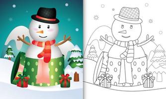 libro para colorear con un lindo muñeco de nieve personajes navideños usando sombrero y bufanda en la caja de regalo vector