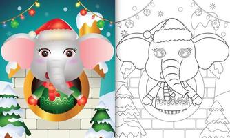 libro para colorear con un lindo elefante personajes navideños usando gorro de Papá Noel y bufanda dentro de la casa vector