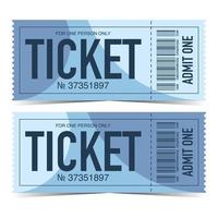 Modern ticket template in blue and cyan colours with tear-off or detachable part and barcode. Flat vector illustration of pass for event, entrance for festival, access to party, show or concert.