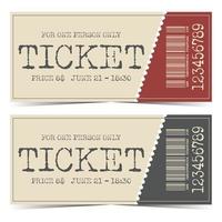 Ticket template with detachable part and barcode in grey, beige and red colours. Flat vector illustration of access flyers, entrance coupons or invitation, cards for festival, cinema or theatre.