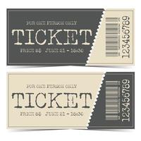 Ticket mockup with shabby text, price, data and time to edit. Pair of tickets in grey-beige colours with tear-off or detachable part for cinema, theatre, festival or event. Flat vector illustration.