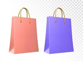 Shopping bag 3D realistic design. Set of Colorful Empty Shopping Bags. Stylish fashionable bag isolated on white background. Vector illustration.