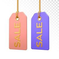 Sale Price tag. Set of colorfull price tags hanging on gold rope. Discount label isolated on transparent background. Tag label icon for websites and apps. Realistic 3D vector illustration.