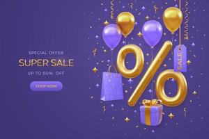 Sale banner design on purple background. Realistic gold 3D Percentage symbol with shopping bag, price tag, gift box with golden bow, fly helium balloons and glitter confetti. Vector illustration.