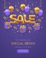 Sale banner design on purple background. Golden Sale word with fly helium balloons, gift boxes with golden bow. Gold percent symbols and glitter confetti. Realistic 3d objects. Vector illustration.
