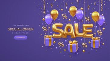 Sale banner design on purple background. Golden Sale word with fly helium balloons, gift boxes with golden bow. Gold percent symbols and glitter confetti. Realistic 3d objects. Vector illustration.