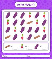 How many counting game with vegetables. worksheet for preschool kids, kids activity sheet, printable worksheet vector