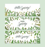 Set of spring banners with green floral elements. Hand drawn vector illustration