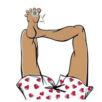Legs of a resting man in shorts with hearts and a Daisy between his fingers. vector