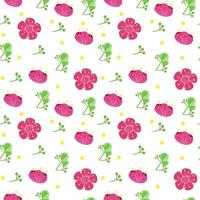 Seamless pattern of bright colors, hand-painted elements. Spring. Pink flowers. Vector in cartoon style. Flowers, buds and leaves on a white background