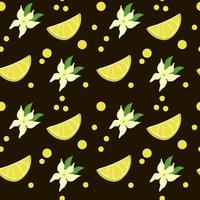 Seamless pattern of lemon slices, flowers and peas, hand-drawn elements. Summer. Yellow lemons with leaves and flowers on black background. Citrus. Lemonade. Suitable for textiles and packaging vector