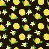 patrón sin costuras de limones brillantes, elementos dibujados a mano. el verano. limones amarillos con hojas y flores sobre fondo negro. limonada. adecuado para textiles y embalaje vector