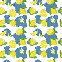 Seamless pattern of bright lemons, hand-drawn elements. Summer. Yellow lemons with leaves and flowers on white background. Lemonade. Suitable for textiles and packaging vector