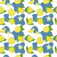 Seamless pattern of bright lemons, hand-drawn elements. Summer. Yellow lemons with leaves and flowers on white background. Lemonade. Suitable for textiles and packaging vector