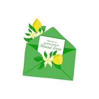 An open letter, an invitation, decorated with ripe yellow lemons and flowers, hand-drawn. Welcome to the rehearsal dinner. Party invitation, holiday banner, greeting card. Vector cartoon illustration