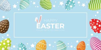 saludo de pascua con conejito y huevo sobre fondo azul claro, feliz pascua, lleno de felicidad y amor promoción de pascua y plantillas de compras. ilustrador vector