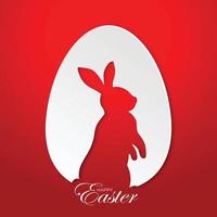 feliz conejo de pascua en huevo blanco sobre fondo rojo, para postales, folletos, pancartas, tarjetas de invitación. vector