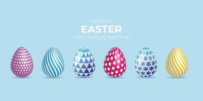 vector seis huevos de pascua varios patrones sobre fondo azul claro, felices pascuas, llenos de felicidad y amor promoción de pascua y plantillas de compras. ilustrador