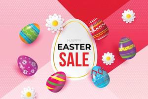 Happy Easter background template with beautiful flower and eggs. Happy Easter sale banner lettering with Colorful Eggs. Vector illustration