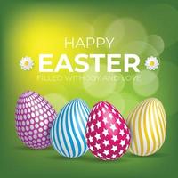 Happy Easter Card with Eggs, Flowers And Bokeh Effect. Vector illustration