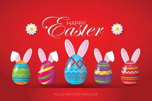 Happy Easter greeting card with colorful easter egg and holiday wishes on red background. Vector illustration.