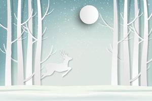 Deer jumping in the forest in the midst of the falling snow. vector paper art and digital craft style.