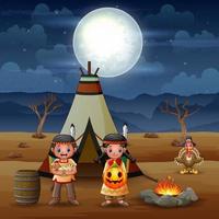 American indians children cartoon with teepees in the desert at night