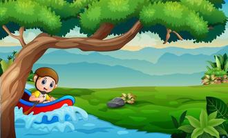 un niño montando en un bote de goma en la ilustración del río vector