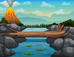 escena de fondo con una ilustración de erupción de río y volcán