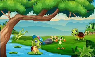 tortugas felices y ranas jugando en la ilustración del río