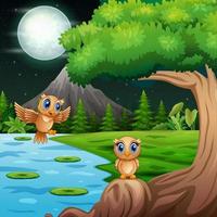 Cartoon owls on tree at night landscape