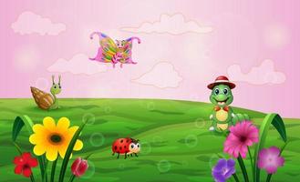 Cartoon many insect living in the green meadow vector