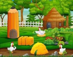 Farm scene with hen on nest with eggs vector