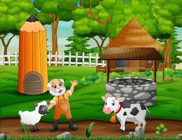 feliz viejo granjero pastoreando animales de granja en el campo vector