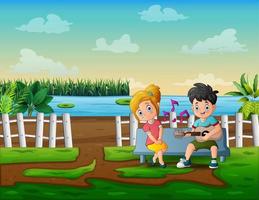 Couple in love in park and singing songs together vector