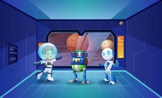 Illustration of astronaut kid and robots in the spaceship vector