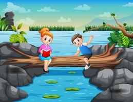 Cartoon mother and son studying and relaxing on the log vector
