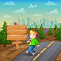 Cartoon of boy running with music player vector