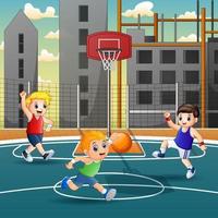 niños de dibujos animados jugando baloncesto en la cancha vector
