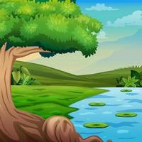escena de fondo con un árbol junto al río ilustración