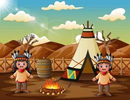 Two american indians cartoon with teepees in tribal location