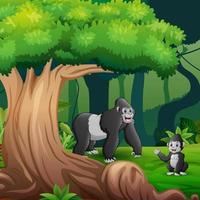 Forest scene with a mother gorilla and her cub under the tree vector