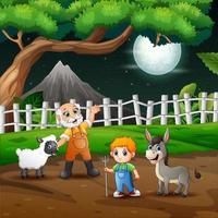Night landscape with the farmers and farm animals illustration vector