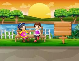 Cartoon two smart kids reading a book on a chair with nature background vector