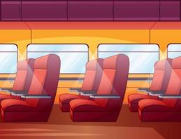 Train inside interior, empty railway car with comfortable seats near large window vector