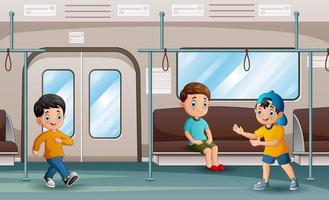 Happy children in subway train car illustration vector