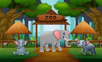 Cartoon a mother elephant with her cub in the opened zoo