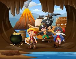 Treasure cartoon with pirate in cave gold vector