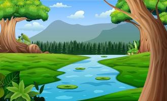 paisaje de bosque natural con río que fluye a través de la ilustración del prado