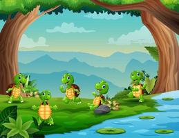 ilustración de cinco tortugas jugando junto al río